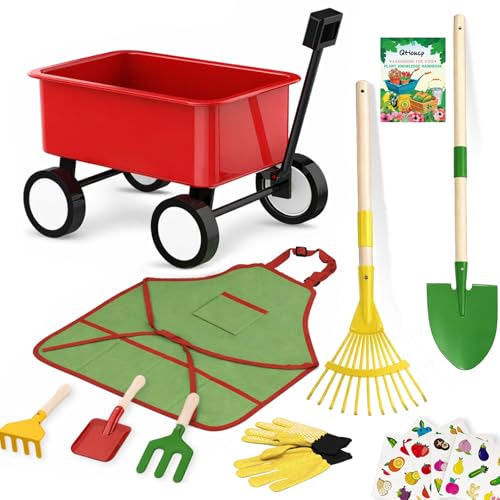 Qtioucp Kids Gardening Wheelbarrow Set, Metal & Wooden Garden Tools for Kids Ages 3-8, Real Wheelbarrows with Apron, Gloves & STEM Guide, Outdoor Backyard Garden Toy Gift - color: Deep red