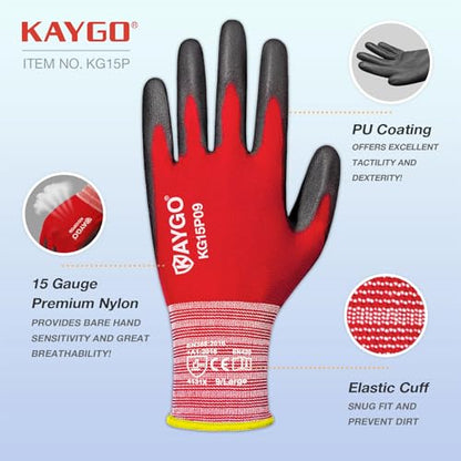 KAYGO Ultra Thin PU Coated Work Gloves, Nylon Knit, KG15P, 12 Pairs - color: Red, size: Medium