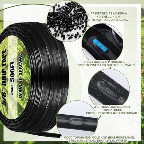 Tondiamo 250ft 16mil 5/8" Drip Tape Irrigation Kit, 6" Spacing Hose