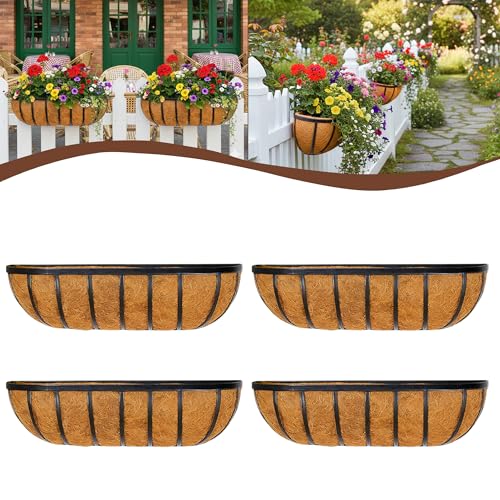 4 Pcs 24“ Railing Planter Window Box Deck Railing Planter Boxes with Coco Liner English Horse Trough Planter Metal Wall-Mounted Planters Basket for Outdoor Balcony Porch Fence Patio Rail - size: 24 Inch