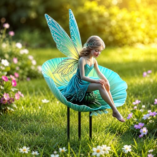 2D Flat Acrylic Turquoise Flower Fairy Garden Stake, Weather Resistant Outdoor Yard Decor, Seated Fairy with Glowing Wings Print Garden Ornament for Flower Pot, Lawn, Balcony, Garden Decoration Gift - color: Turquoise Flower Fairy