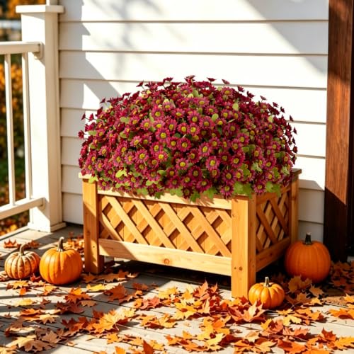 Artificial Daisy Mums for Outdoors, 12 PCS Fall Flowers, Burgundy - color: Burgundy