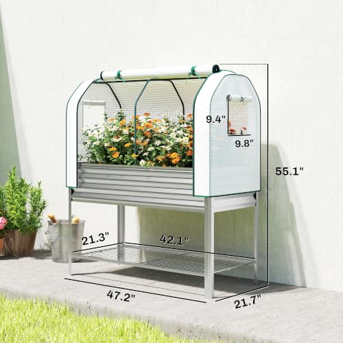 Outsunny Galvanised Raised Garden Bed with Greenhouse Cover, Silver - color: Silver