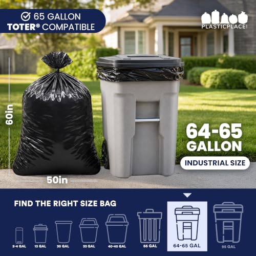 Plasticplace 64-65 Gallon Trash Can Liners for Toter │ 1.2 Mil │ Black Heavy Duty Garbage Bags │ Rolls │ 50” x 60” (100 Count) - size: 100 Count (Pack of 1)