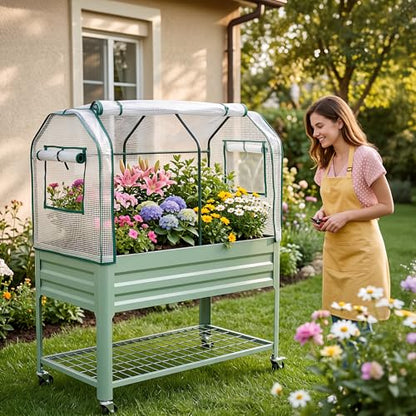 Raised Garden Bed with Cover, Galvanized Metal Elevated Planter Box with Rolling Casters & Extra Bottom Shelf, Raised Planter Box for Backyard, Patio, Balcony, 48x24x56 in, Green