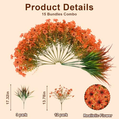 15 Pcs Fake Mums Artificial Fall Flowers for Outdoor Decorations, Orange