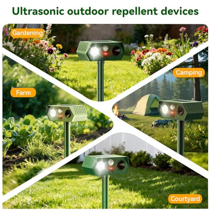 Solar Ultrasonic Animal Repeller, 2026 Upgraded Motion Sensor & Flash Light, IP65 Waterproof Outdoor Repellent for Deer, Cat, Squirrel, Rodent