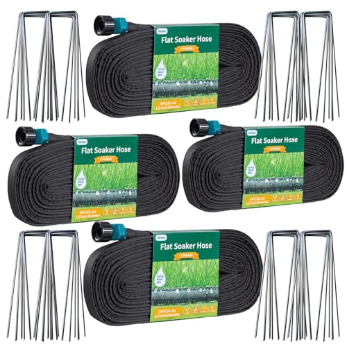 Hlinker 2026 Flat Soaker Hose 200 ft (50ft 4Packs) with Stake for Garden, Linkable Drip Hose Diy Automates Garden Irrigation System Saving 90% Water, Dual-layer Leak-free Design Water Hose with Holes - size: 200FT (50'x4)