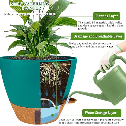 2 Pack 10 inch Plant Pots, Plastic Self Watering Planters - color: Turquoise, size: 10 inches