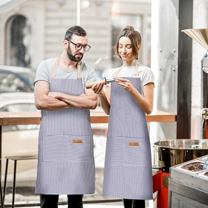 BeLuyi 2 Pack Adjustable Bib Apron with 2 Pockets Chef Cooking Kitchen Restaurant Aprons for Women Men - color: Blue Pinstripes
