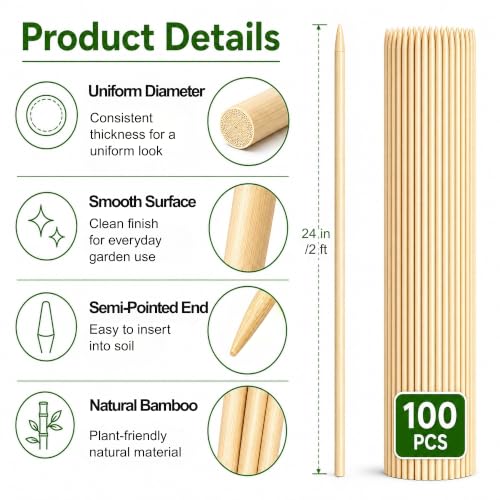 100 PCS 2FT Bamboo Plant Stakes, 6.3mm Thick Bamboo Stakes - size: 24 inch 6.3mm