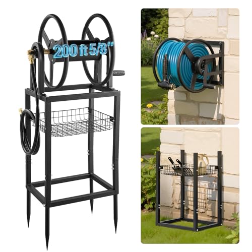 VEVOR Freestanding Garden Hose Reel, Holds 200 Feet of 5/8-inch Hose, Wall Mount or Ground Mount, Detachable Holder Stand with Storage Rack, 5 ft Leader Hose, Brass Fitting, 4 Spikes, for Backyards - color: Black, size: 200ft, 5/8-inch, Freestanding