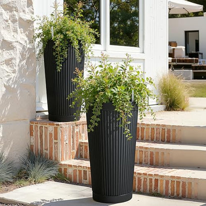 24" Self Watering Tall Black Planters Outdoor Set of 2 - color: Black Round