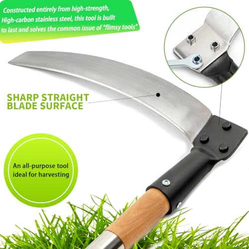 Beech Wood Long Handle Weeding Sickle, 12.6'' Sharp Blade for Efficient Weed & Brush Clearing, Upright Scythe for Weeding Farm Harvesting Clearing Vines Yard Gardening Pruning