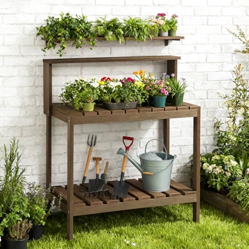 Psilvam Outdoor Potting Bench, HDPE Patio Potting Table for Porch, Brown - color: Brown