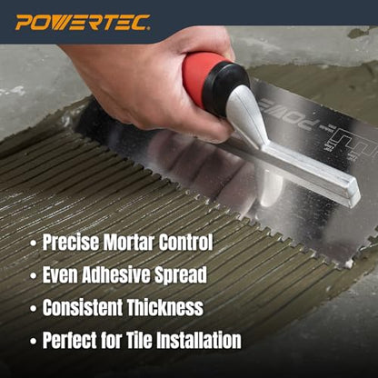 POWERTEC Square Notch Trowel - 3/16" x 3/16" Stainless Steel Square-Notch Tile Trowel with Soft Grip Handle for Thinset Mortar, Mastic & Tile Installation Work (72206) - style: 3/16" x 3/16" Square Notch