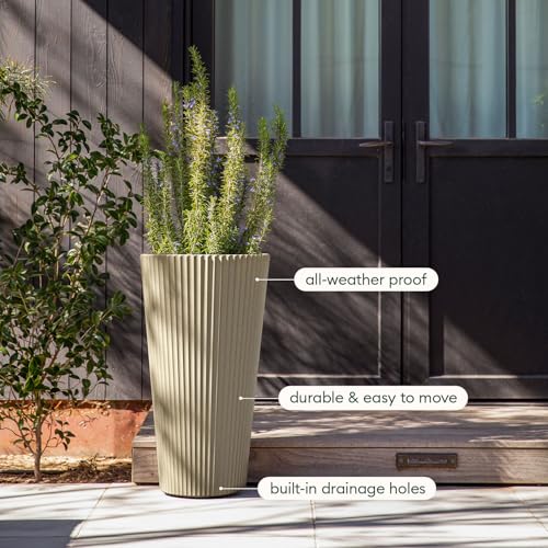 Veradek Demi Series Tall Planter - Tall Tapered Outdoor Planter with Shelf - color: Sand, style: Narrow Groove