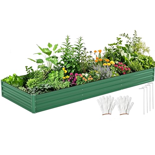 DWVO 12 x 4 x 1 FT Raised Garden Bed Kit, Outdoor Galvanized Flower Bed with Safety Rubber and Gloves, Large Metal Planter Box for Vegetables, Flowers, Herbs, Fruits, Green - color: Green, size: 12x4x1ft