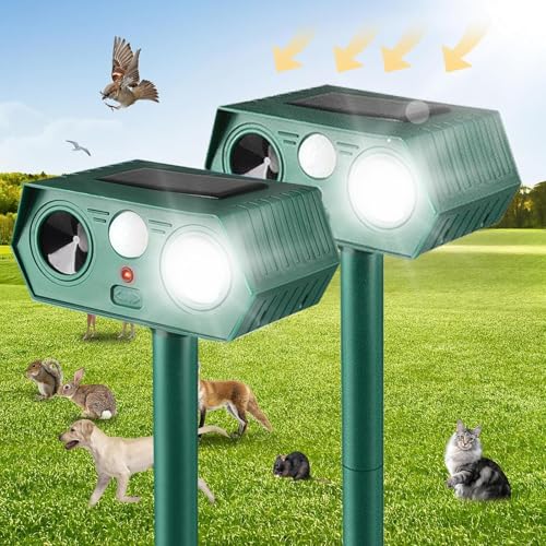 2025 Solar Animal Repellent,Upgraded Ultrasonic Cat Repellent Outdoor,Waterproof Deer Deterrent for Bird Dog Skunk,Squirrels Deterrent with Motion Detection Flash Lights for Pasture House (2 Pack)