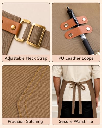 Teskyer Canvas Kitchen Apron with 4 Pockets, Brown
