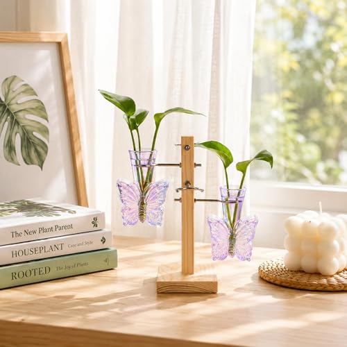 Nacome Plant Terrarium Propagation Stations: Purple Vase with Wooden Stand - color: Purple
