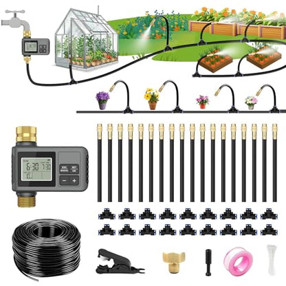 60FT Drip Irrigation System with Smart Water Timer - size: 60Ft Brass Fitting with Timer