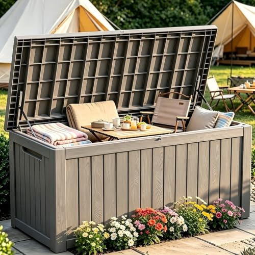 152 Gallon Outdoor Deck Storage Box, Large Waterproof Resin Patio Storage Box, Lockable Bench Seat Holds 2 Adults, for Garden Tools, Cushions & Pool Floats, UV & Rust Resistant, Grey Brown - color: Grey-Brown, size: 152 Gallon