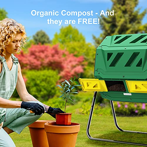 Compost Tumbler Bin Composter Dual Chamber 43 Gallon (Bundled with Pearson's Gardening Gloves) - color: Green