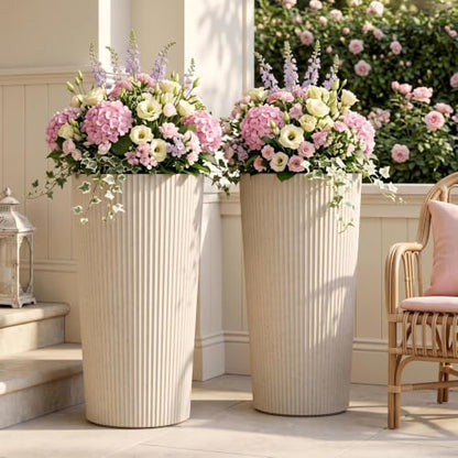 24" Tall Planters for Outdoor Plants with Insert, Set of 2 Cream - color: Beige-r