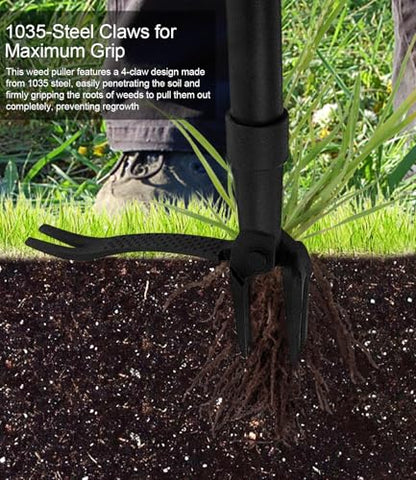 Weed Puller Tool, 4-Claw Stand Up Gardening Hand Weeding Tool with Adjustable 47.8" Stainless Steel Handle & 1035 Steel Head - Easily Remove Weeds Without Bending, Pulling, or Kneeling