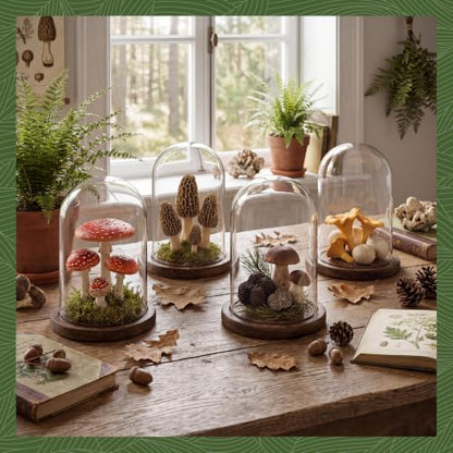 Suclain 4Pc Glass Dome Cloche with Wood Base, Brown, 5.9" X 3.8" - color: Brown, size: 5.9" X 3.8"