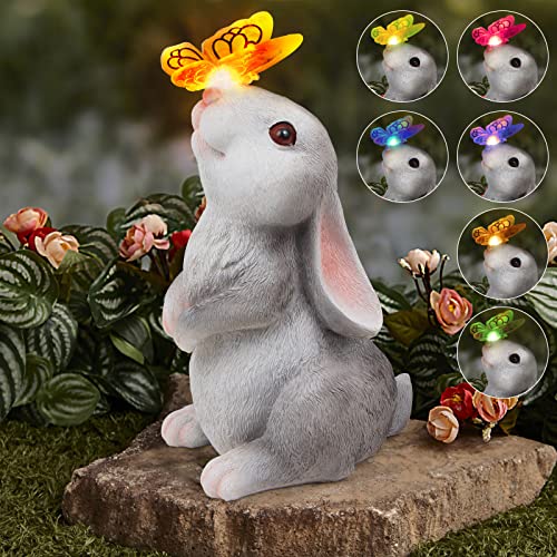 Garden Statue Outdoor Decor Rabbit with Solar Butterfly Changing Lights - color: Rabbit