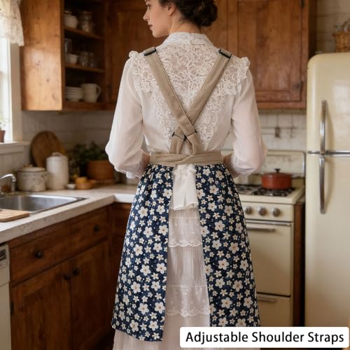 Pinafore Apron Dress for Women with Pockets Adjustable Floral Kitchen Apron - color: Navy