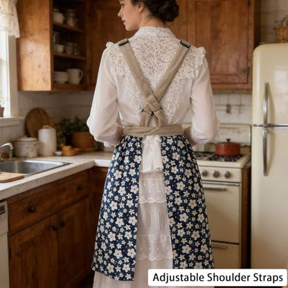 Pinafore Apron Dress for Women with Pockets Adjustable Floral Kitchen Apron - color: Navy