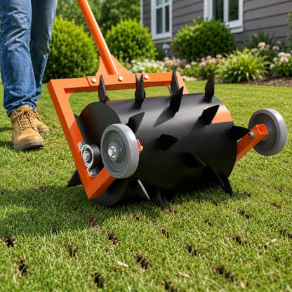 Heavy-Duty Push Lawn Aerator Roller with Steel Spikes for Compacted Soil - color: White