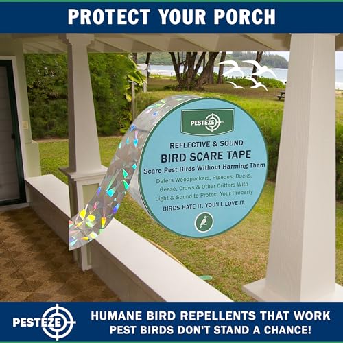 PESTEZE USA Bird Deterrent Reflective Tape–Dual-Sided Holographic Bird Scare Ribbon (1in x 295ft) for Yards, Gardens & Buildings to Repel Nuisance Birds Like Pigeons, Woodpeckers & Geese Without Harm