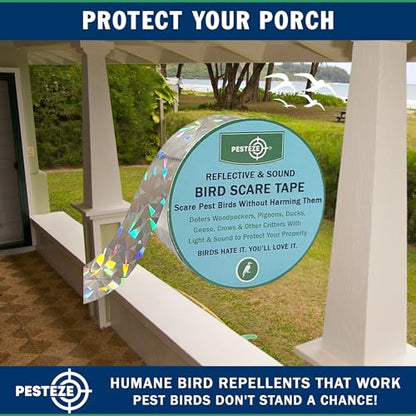 PESTEZE USA Bird Deterrent Reflective Tape–Dual-Sided Holographic Bird Scare Ribbon (1in x 295ft) for Yards, Gardens & Buildings to Repel Nuisance Birds Like Pigeons, Woodpeckers & Geese Without Harm