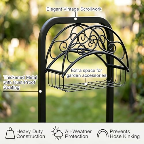 Garden Hose Holder, 160 ft, Storage Basket, Triangular Base, Black