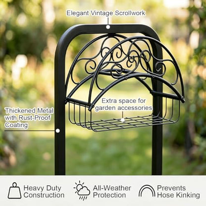 Garden Hose Holder, 160 ft, Storage Basket, Triangular Base, Black