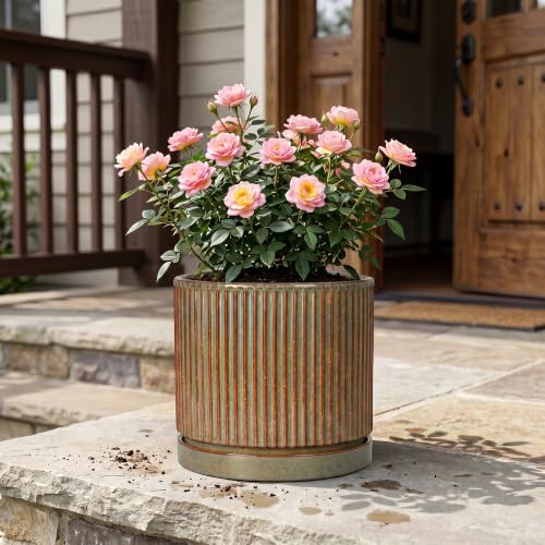 Ceramic Plant Pots, 10 Inch Planter with Tray, Retro Brown - color: Retro Brown, size: 10 Inch