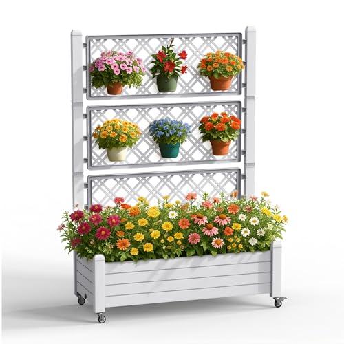 PatioZen Raised Garden Bed with Trellis, 21 Gallon Self Watering Planter Box with Lockable Wheels & Drainage Holes for Climbing Plants Vegetables Flowers, Anti-Rust Resin for Backyard Patio (Ashen) - color: Ashen, size: 43.43"L x 18.27"W x 64.29"H