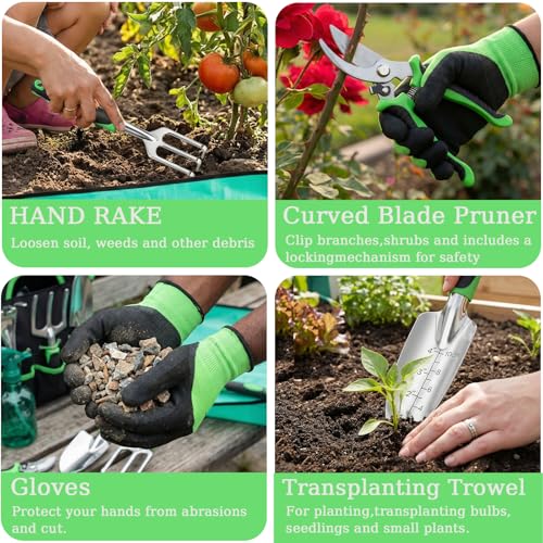 10-Piece Heavy Duty Garden Tool Set with Storage Tote Bag - color: Black Green