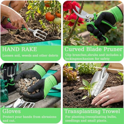 10-Piece Heavy Duty Garden Tool Set with Storage Tote Bag - color: Black Green