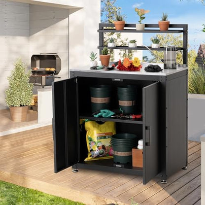 FEASTO Outdoor Potting Bench Table with Storage Cabinet - color: Black