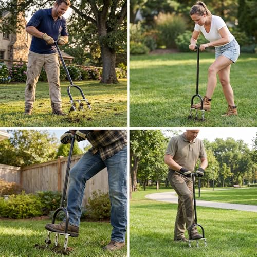 Manual Lawn Aerator Tool, Hollow Tines Plug Lawn Core Aerator, Heavy Duty Hand Soil Aeration Tool with Adjustable Handle, Grass Aeration Garden Tools for Lawn Care, Compacted Soil, Yard