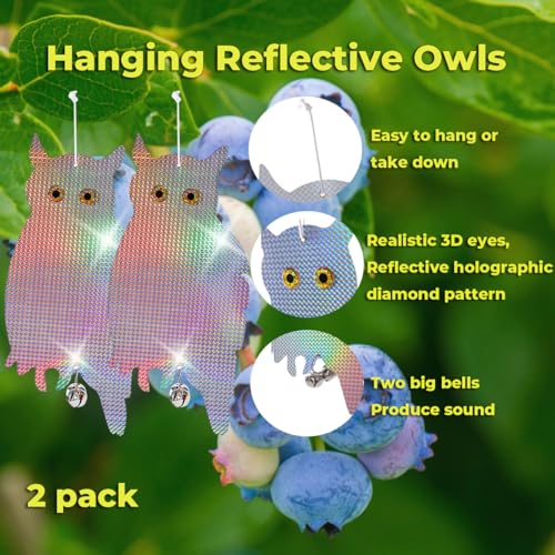 Dyvicl Fake Owl Hanging Reflective Owl Woodpecker Bird Deterrent Control Device for House Windows Outdoor Garden Yard, 2 Pack