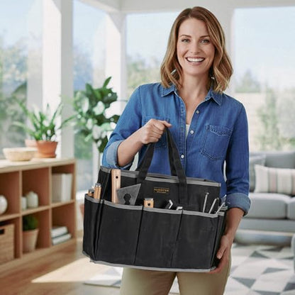 Waxed Canvas Tote Bag, Heavy Duty Multi-Purpose Canvas Tool Bag with 10 Pockets for Screwdrivers/Wrench/Pliers/Electricians Storage, Black - color: Black