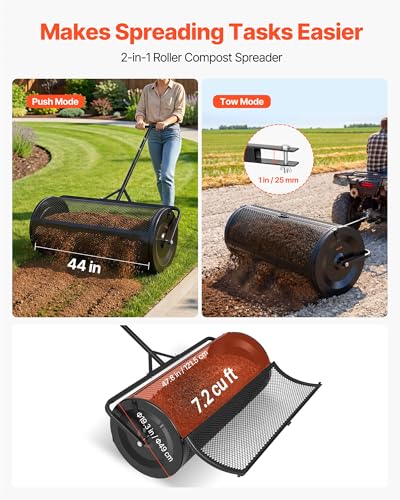 VEVOR Compost Spreader, 44" Wide Peat Moss Spreader with Push/Tow Handle, 4 Heights Adjustable, Powder-Coated Steel Garden Peat Moss Roller, Heavy Duty Grass Seed R - size: 44in