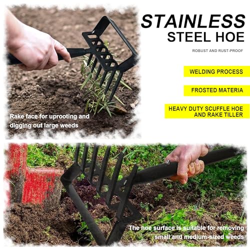 6-Tines Rake and Stirrup Hoe - Stainless Steel Cultivator for Gardening