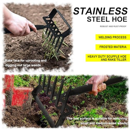 6-Tines Rake and Stirrup Hoe - Stainless Steel Cultivator for Gardening